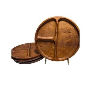 Wooden Plates 3 Compartment Natural Boho SET 4